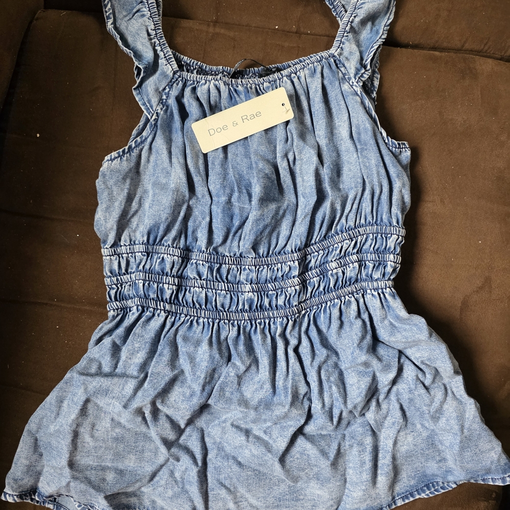 Doe & Rae Denim Blue Ruched Top